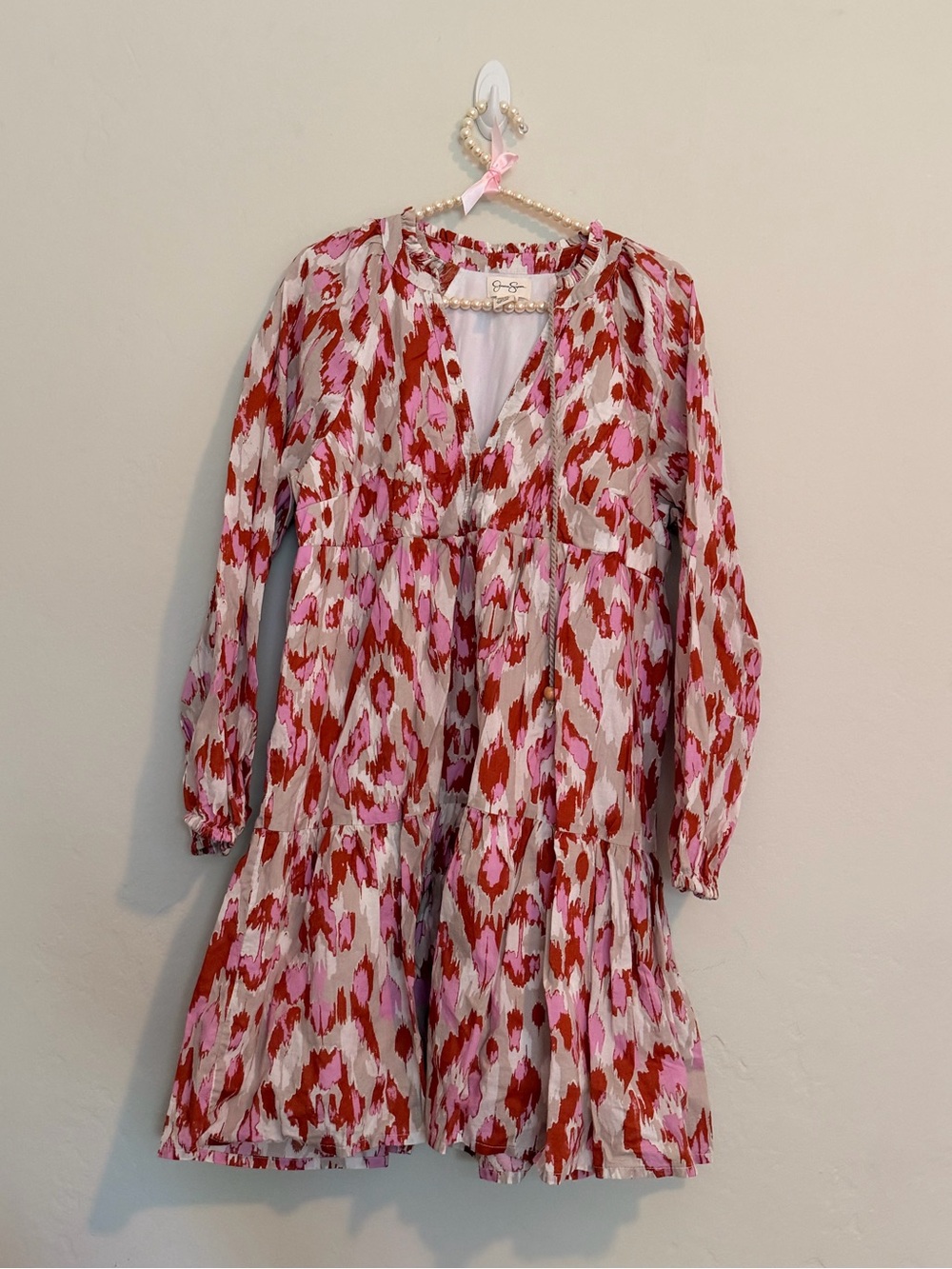 Jessica Simpson pink patterned long-sleeve tiered cotton V-neck dress large